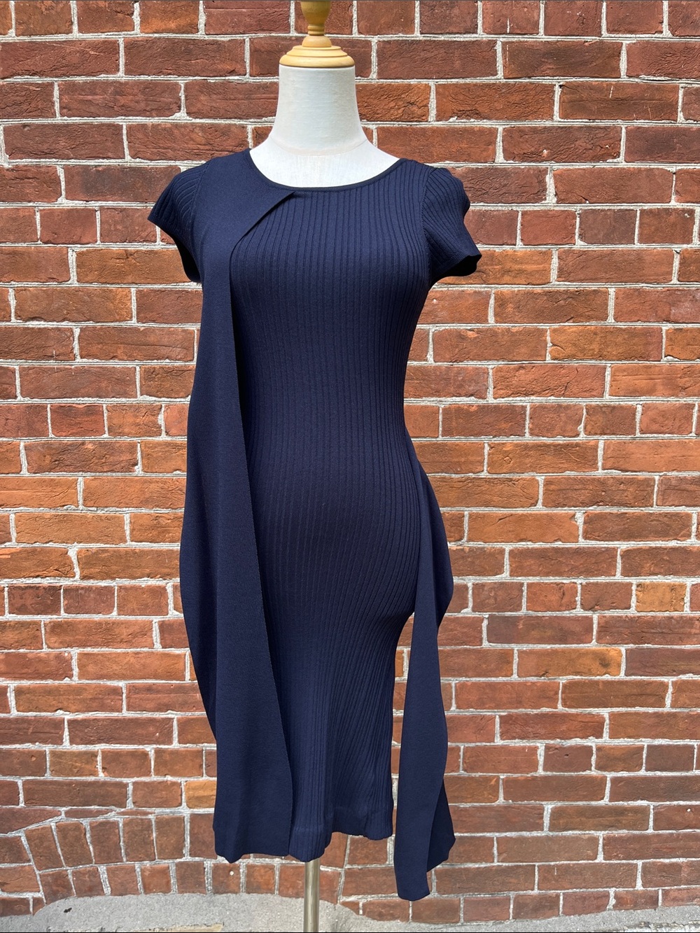 Karen Millen Navy Ribbed Midi Dress with Draped Panels